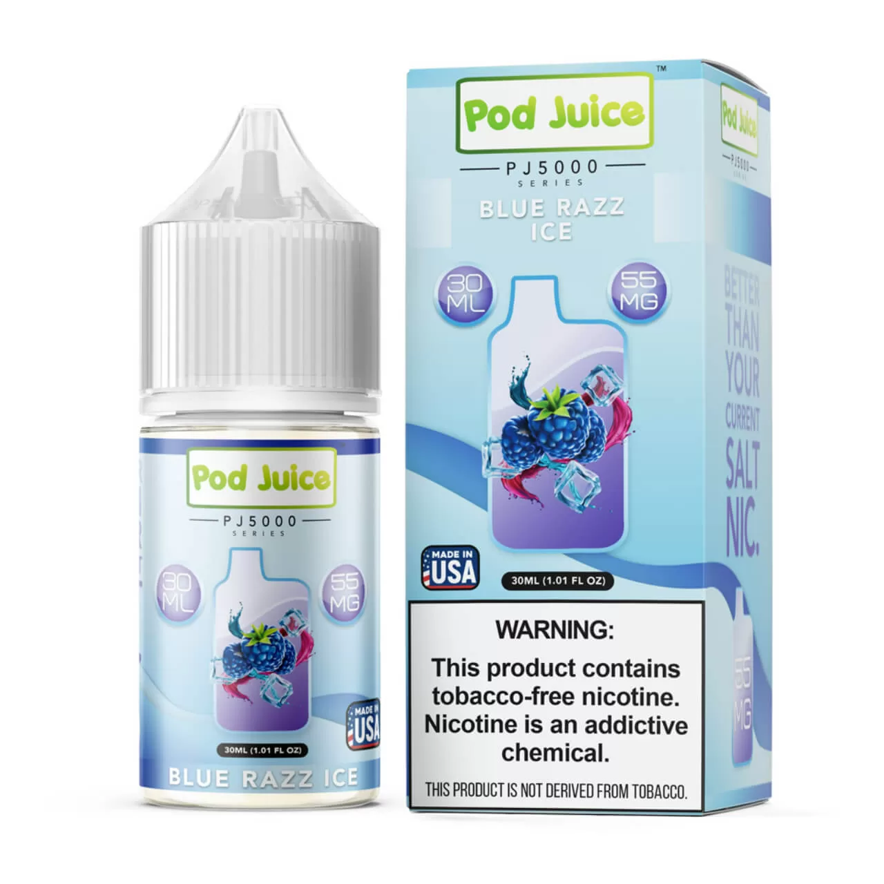 Pod Juice Salt PJ 5000 Series Blue Razz Ice Tobacco Free Nicotine E-Juice 30ml