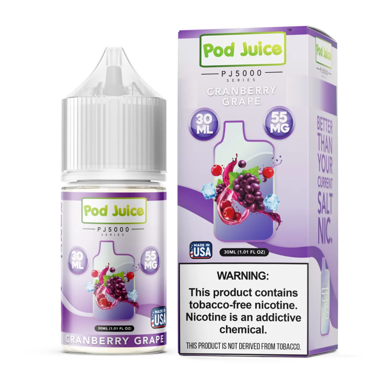 Pod Juice Salt PJ 5000 Series Cranberry Grape Tobacco Free Nicotine E-Juice 30ml