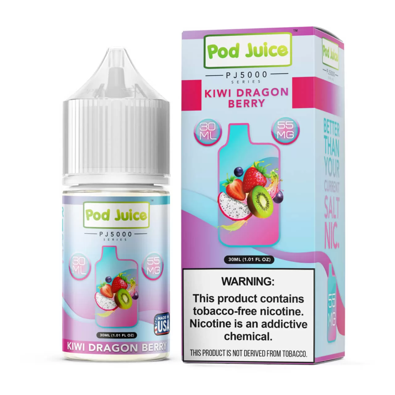 Pod Juice Salt PJ 5000 Series Kiwi Dragon Berry Tobacco Free Nicotine E-Juice 30ml