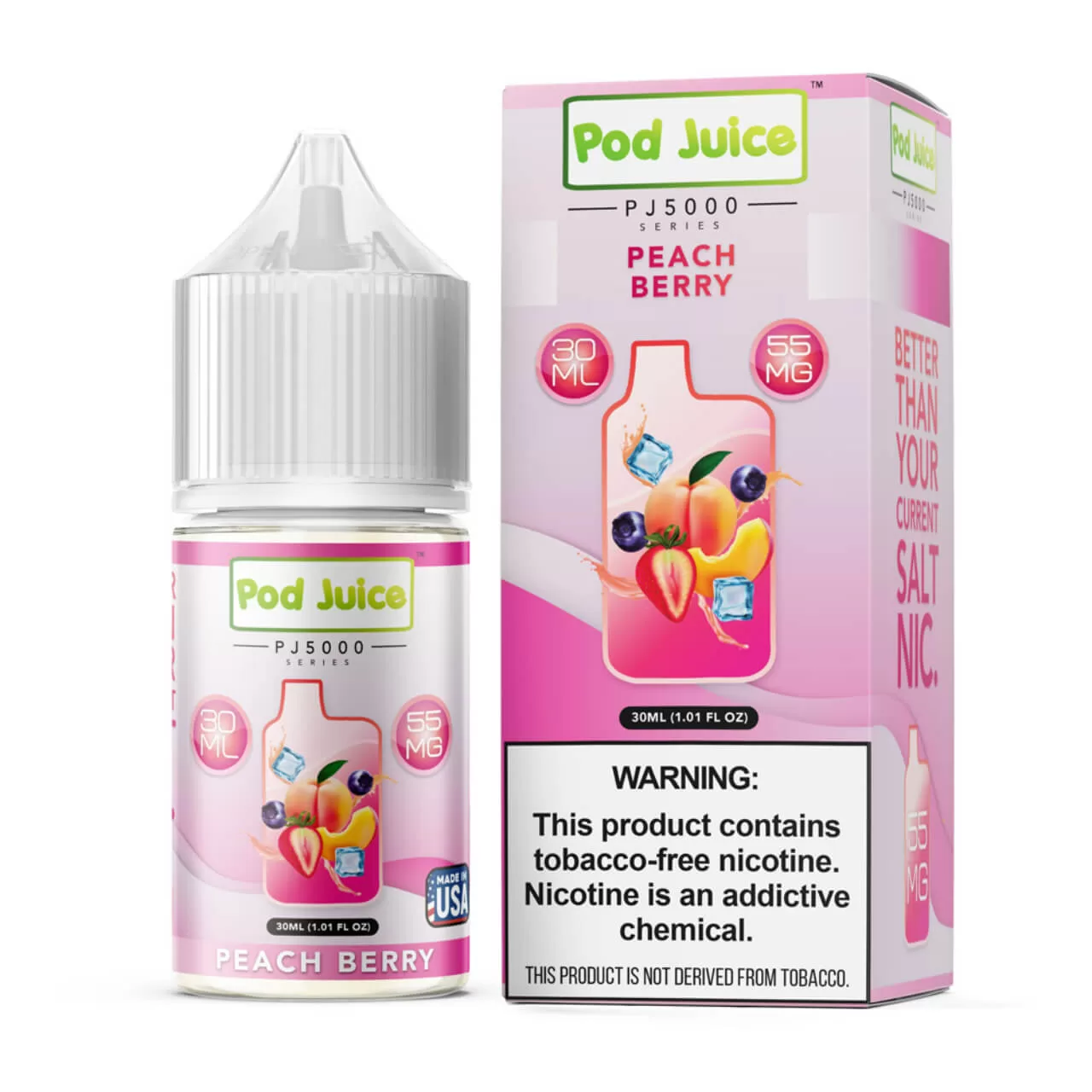 Pod Juice Salt PJ 5000 Series Peach Berry Tobacco Free Nicotine E-Juice 30ml