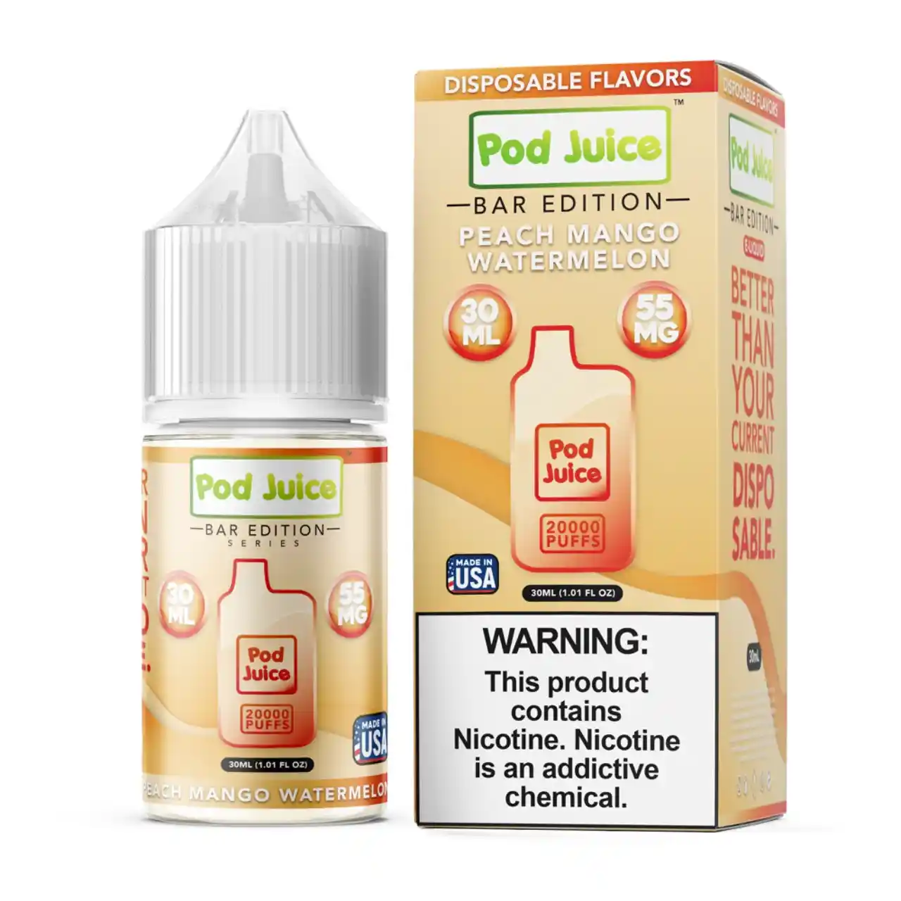 Pod Juice Salt PJ 5000 Series Peach Mango Watermelon Tobacco Free Nicotine E-Juice 30ml