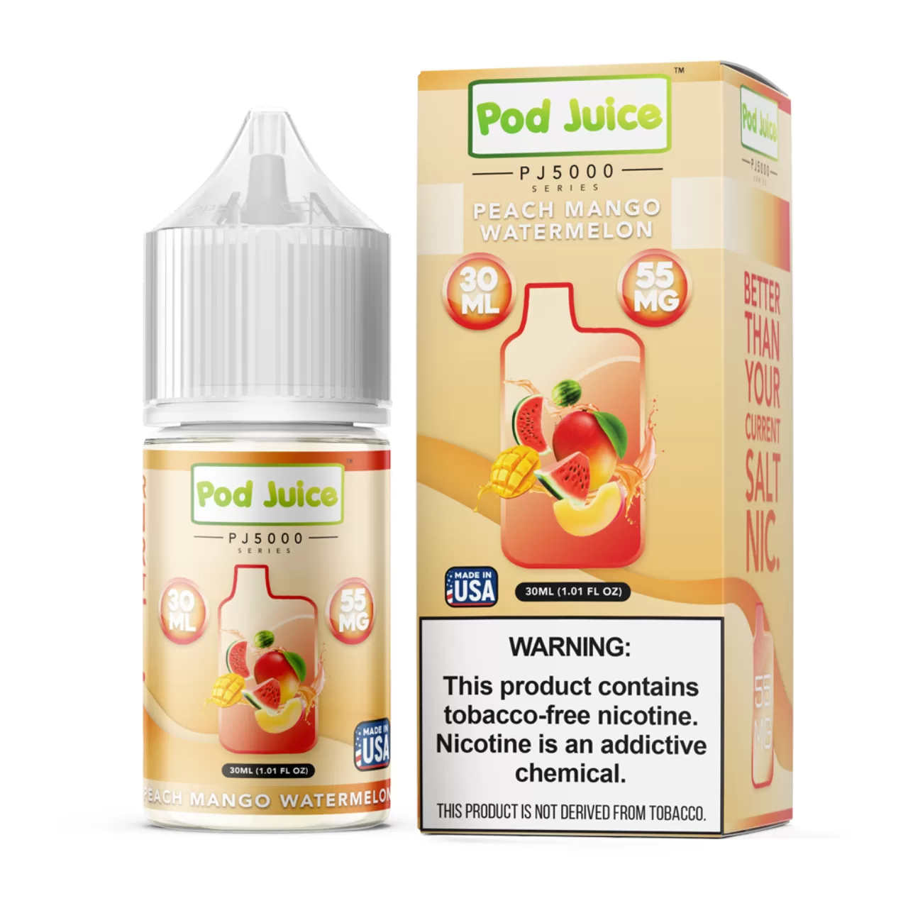 Pod Juice Salt PJ 5000 Series Peach Mango Watermelon Tobacco Free Nicotine E-Juice 30ml