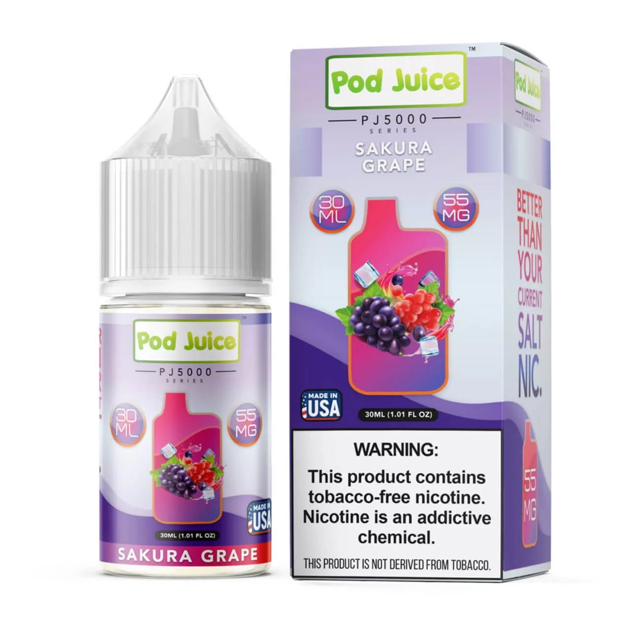 Pod Juice Salt PJ 5000 Series Sakura Grape Tobacco Free Nicotine E-Juice 30ml