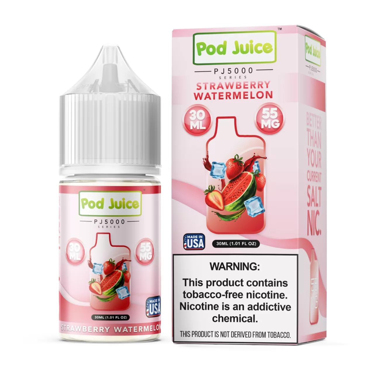 Pod Juice Salt PJ 5000 Series Strawberry Watermelon Tobacco Free Nicotine E-Juice 30ml