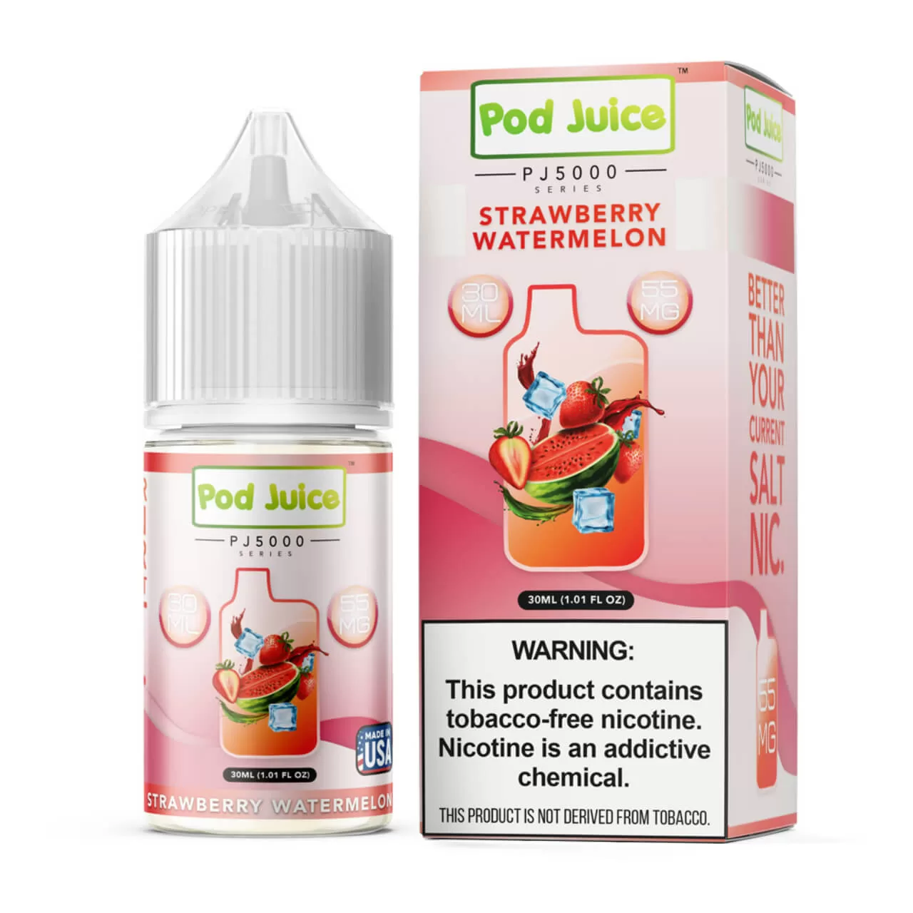 Pod Juice Salt PJ 5000 Series Strawberry Watermelon Tobacco Free Nicotine E-Juice 30ml