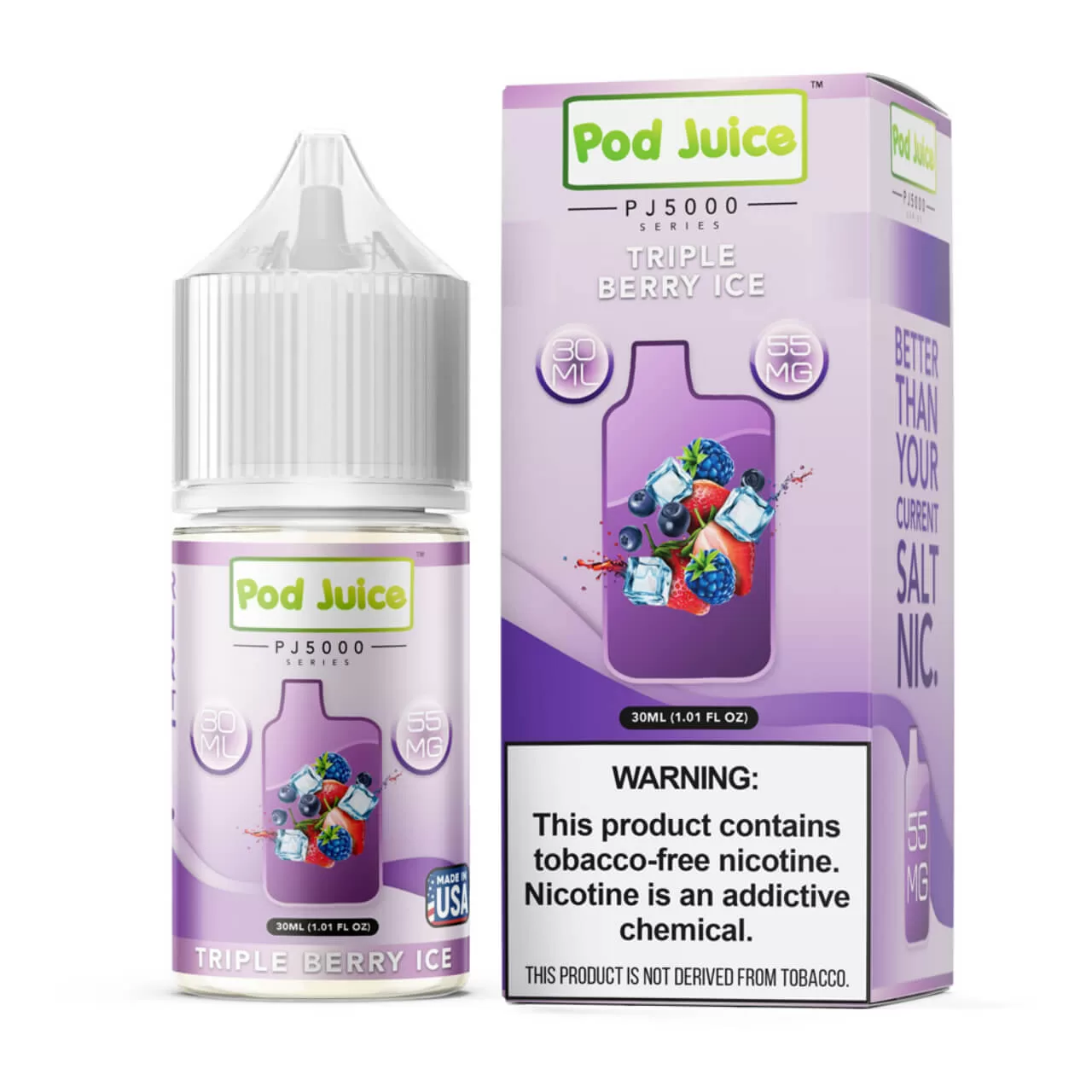 Pod Juice Salt PJ 5000 Series Triple Berry Ice Tobacco Free Nicotine E-Juice 30ml