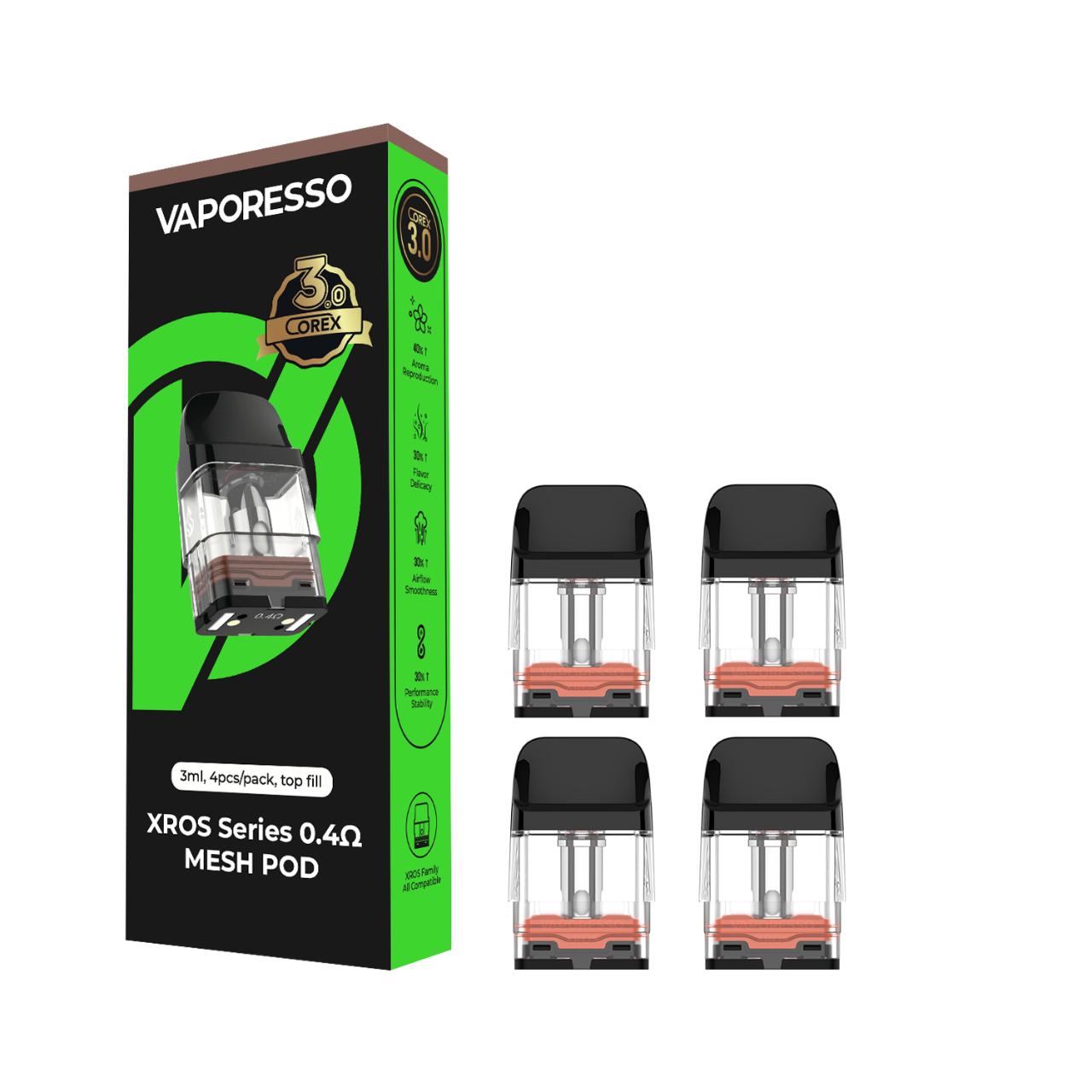VAPORESSO XROS Replacement Pod Cartridge - 4PK 0.4 OHMS Mesh -Top Fill 3ML Corex 3.0 VAPORESSO XROS Replacement Pod Cartridge - 4PK 0.4 OHMS Mesh -Top Fill 3ML Corex 3.0