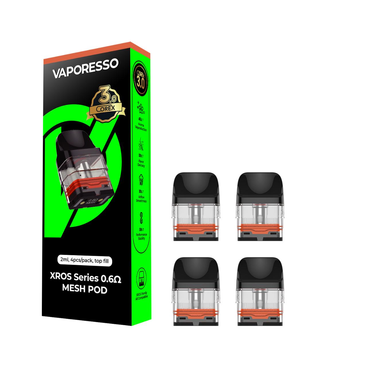 VAPORESSO XROS Replacement Pod Cartridge - 4PK 0.6 OHMS Mesh -2ML Corex 3.0 VAPORESSO XROS Replacement Pod Cartridge - 4PK 0.6 OHMS Mesh -2ML Corex 3.0