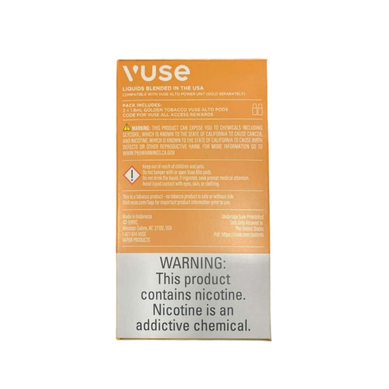 Vuse Alto Prefilled Replacement Pod 1.8ML 2.4% (Pack of 2) Golden Tobacco back Vuse Alto Prefilled Replacement Pod 1.8ML 2.4% (Pack of 2) Golden Tobacco back