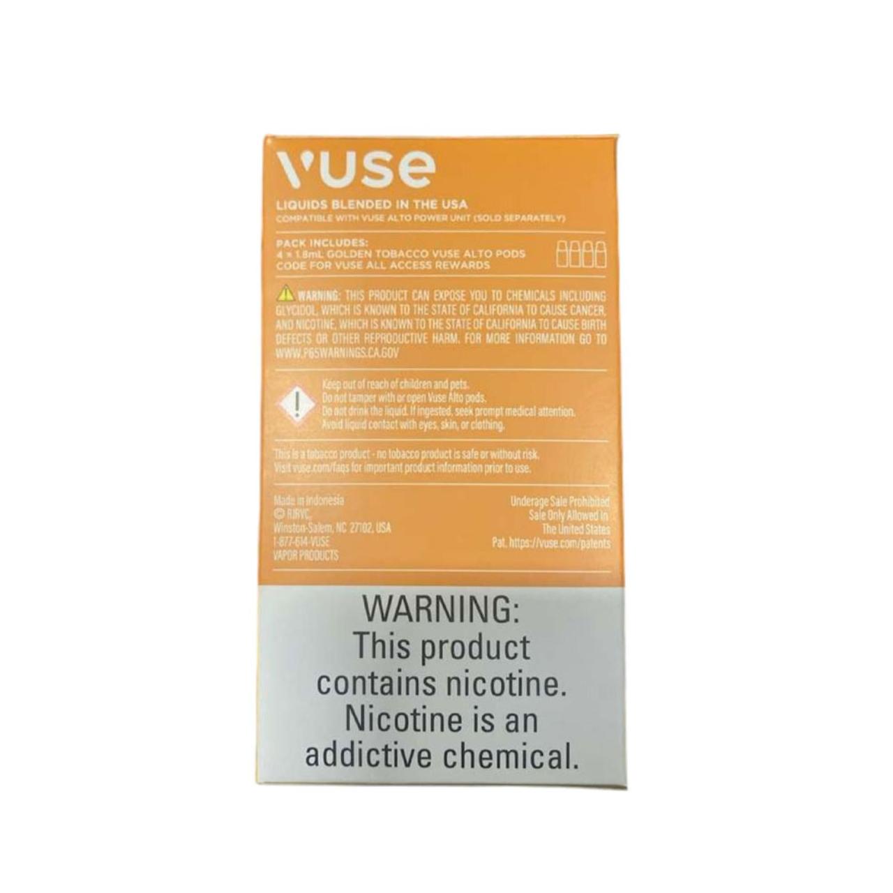 Vuse Alto Prefilled Replacement Pod 1.8ML 2.4% (Pack of 4) Golden Tobacco back Vuse Alto Prefilled Replacement Pod 1.8ML 2.4% (Pack of 4) Golden Tobacco back