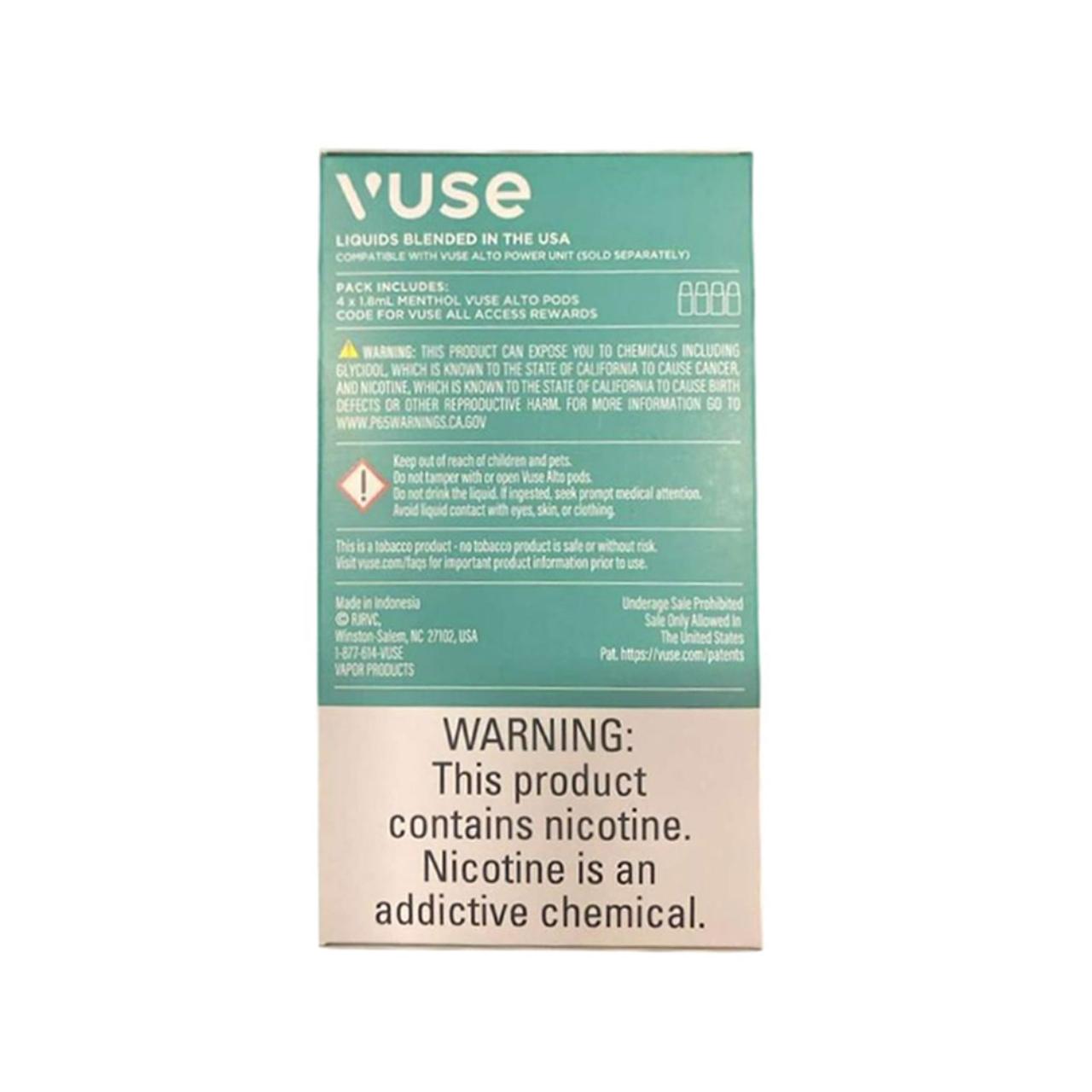 Vuse Alto Prefilled Replacement Pod 1.8ML 2.4% (Pack of 4) Menthol back Vuse Alto Prefilled Replacement Pod 1.8ML 2.4% (Pack of 4) Menthol back