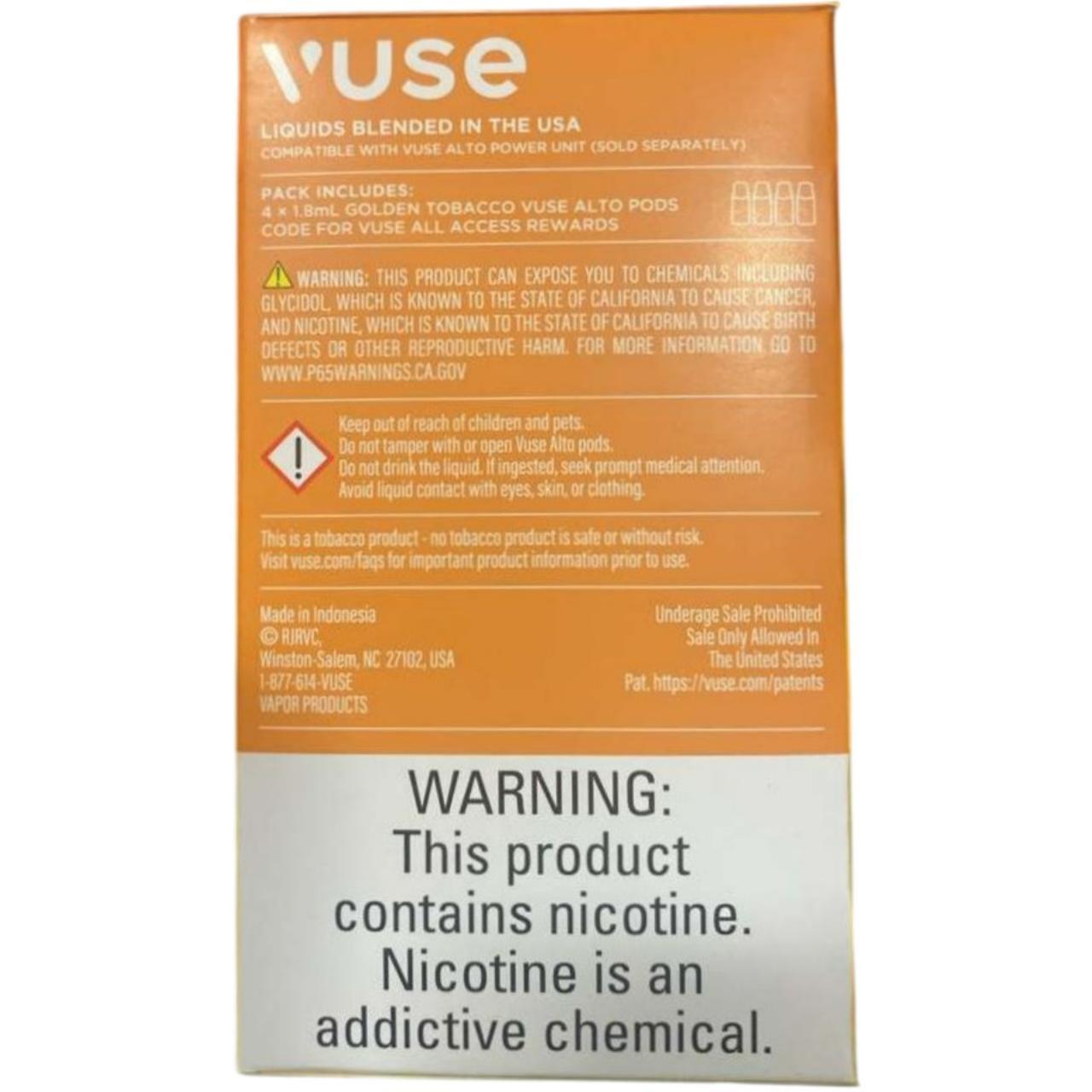 Vuse Alto Prefilled Replacement Pod 1.8ML - 5.0% (Pack of 4) Golden Tobacco back Vuse Alto Prefilled Replacement Pod 1.8ML - 5.0% (Pack of 4) Golden Tobacco back