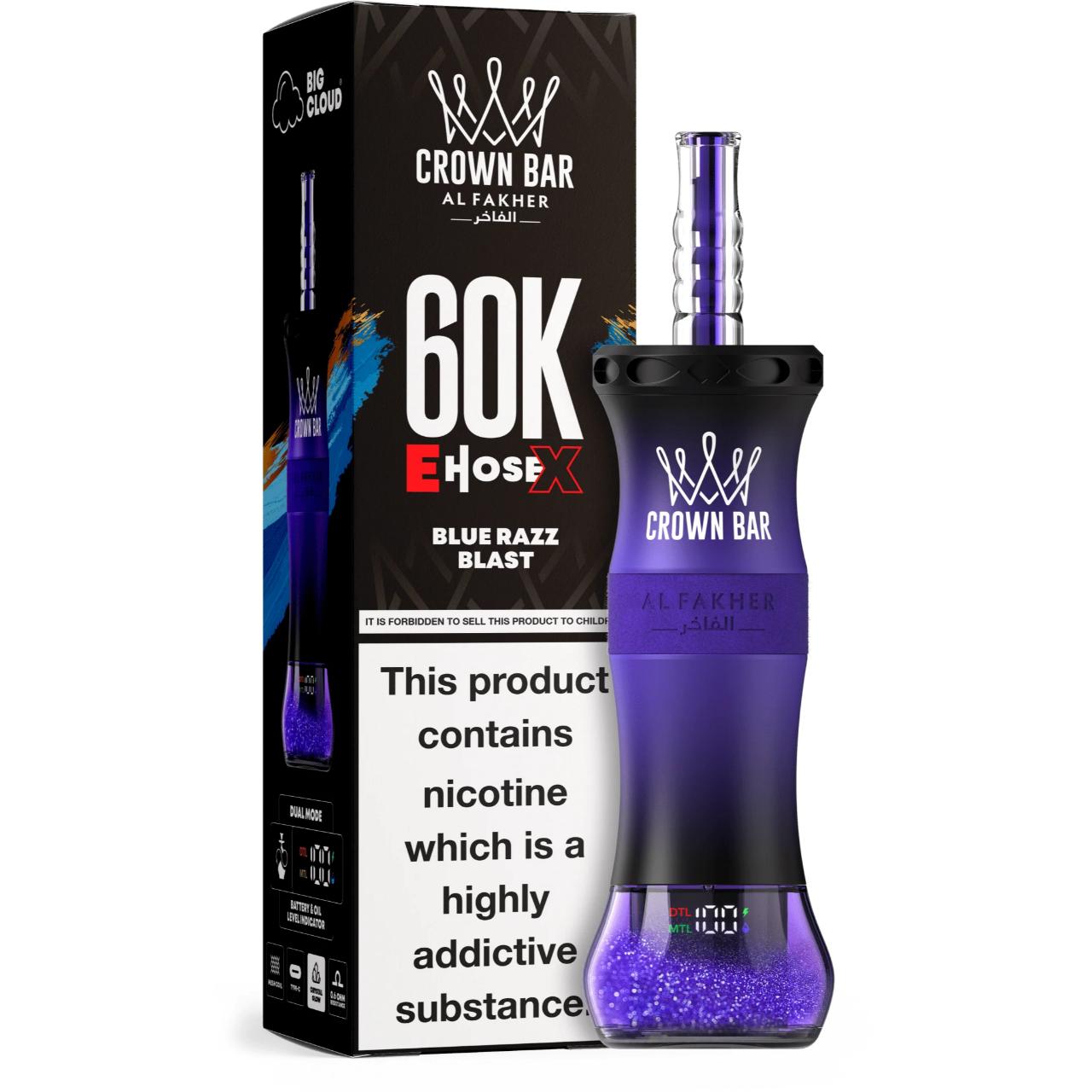 Al Fakher Crown Bar E Hose X 60K Puff Disposable Blue Razz Blast Al Fakher Crown Bar E Hose X 60K Puff Disposable Blue Razz Blast