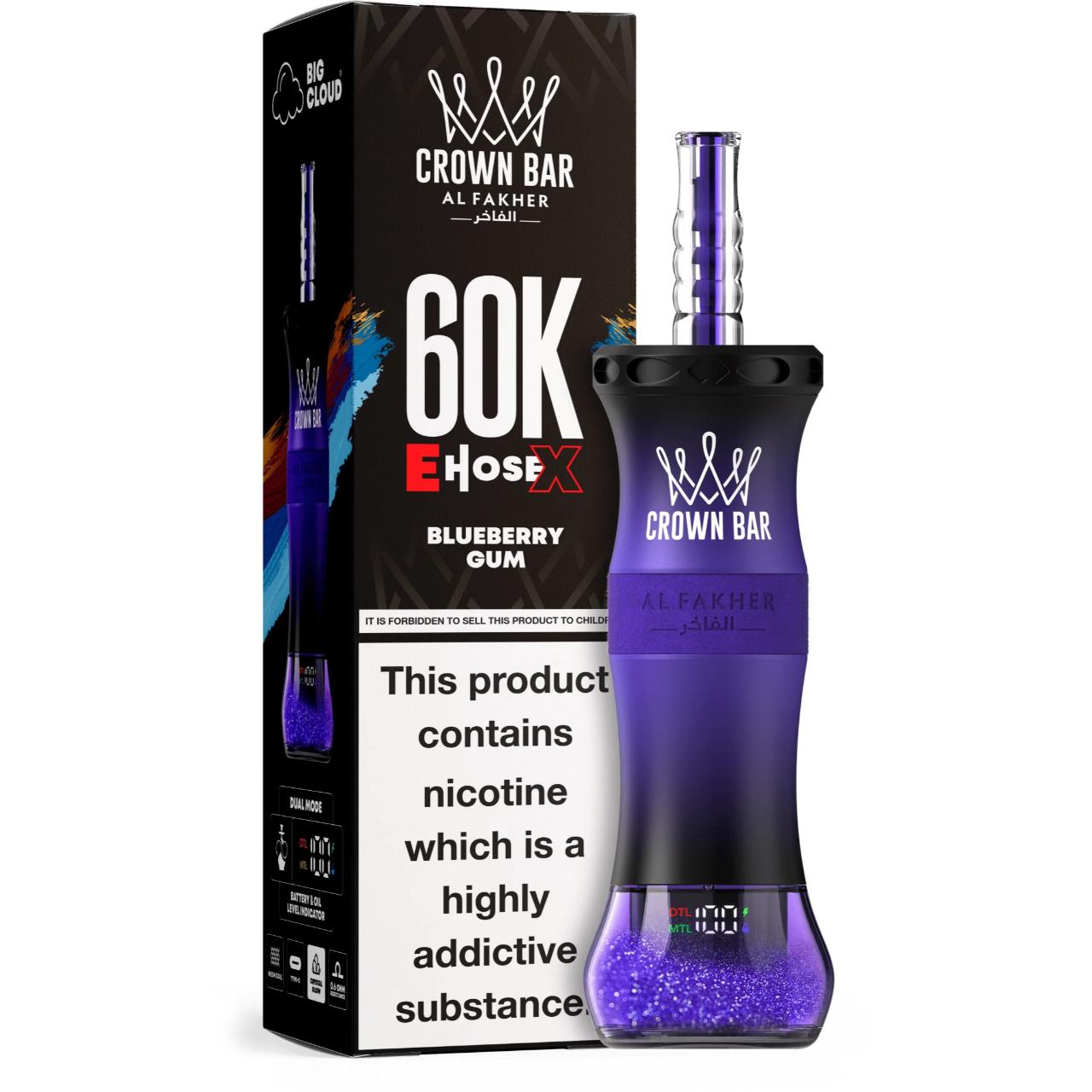 Al Fakher Crown Bar E Hose X 60K Puff Disposable Blueberry Gum Al Fakher Crown Bar E Hose X 60K Puff Disposable Blueberry Gum