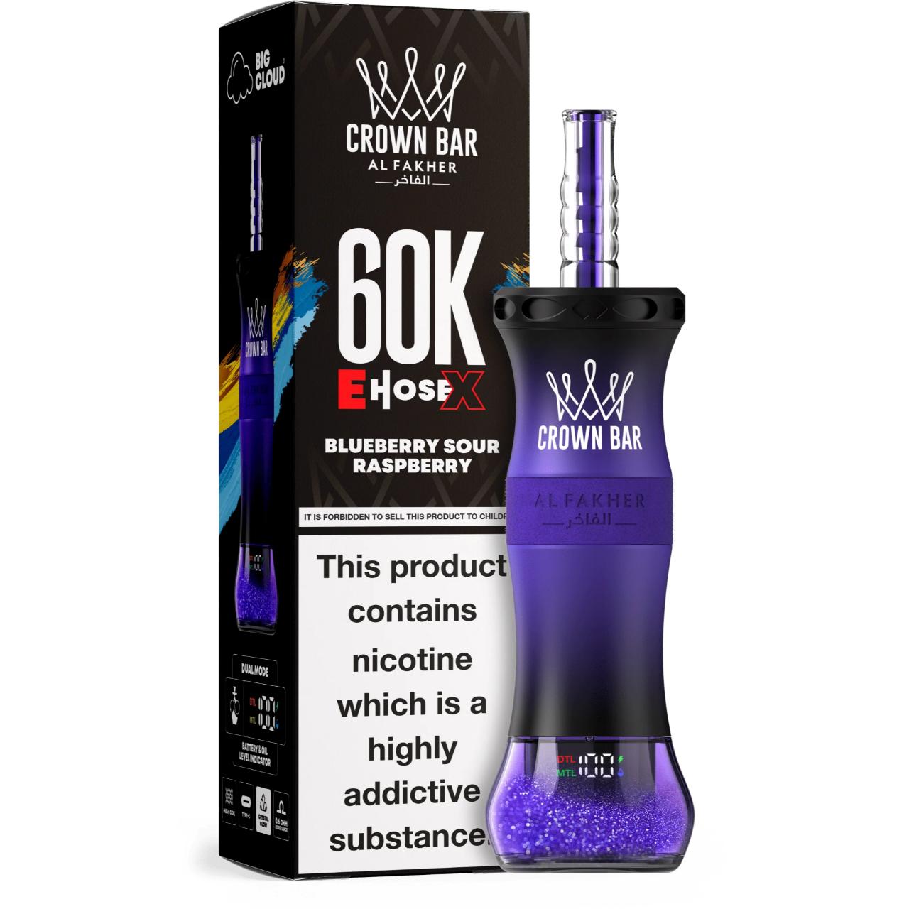 Al Fakher Crown Bar E Hose X 60K Puff Disposable Blueberry Sour Raspberry Al Fakher Crown Bar E Hose X 60K Puff Disposable Blueberry Sour Raspberry
