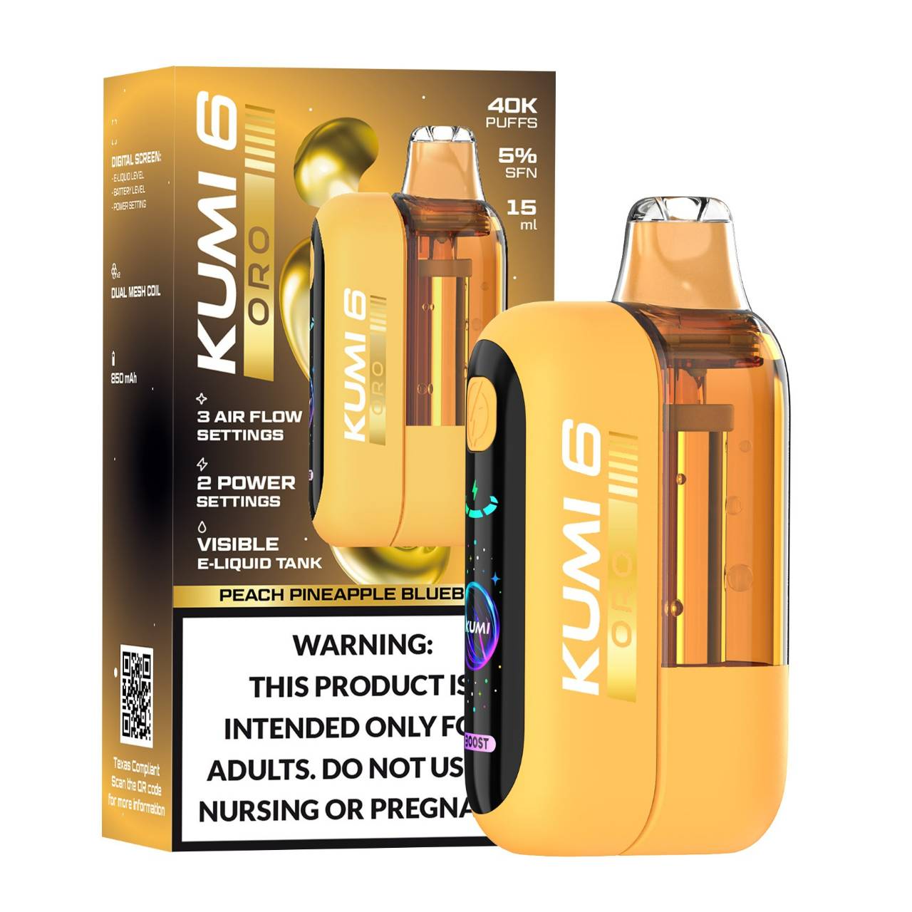 KUMI 6 Oro 40K Puff Disposable Peach Pineapple Blueberry