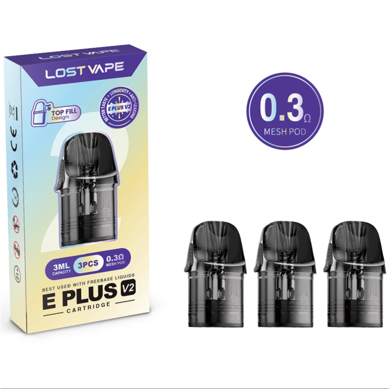 Lost Vape E Plus Replacement Pod V2 - 3PK 0.3 OHMS (3ML - Top Fill) Lost Vape E Plus Replacement Pod V2 - 3PK 0.3 OHMS (3ML - Top Fill)