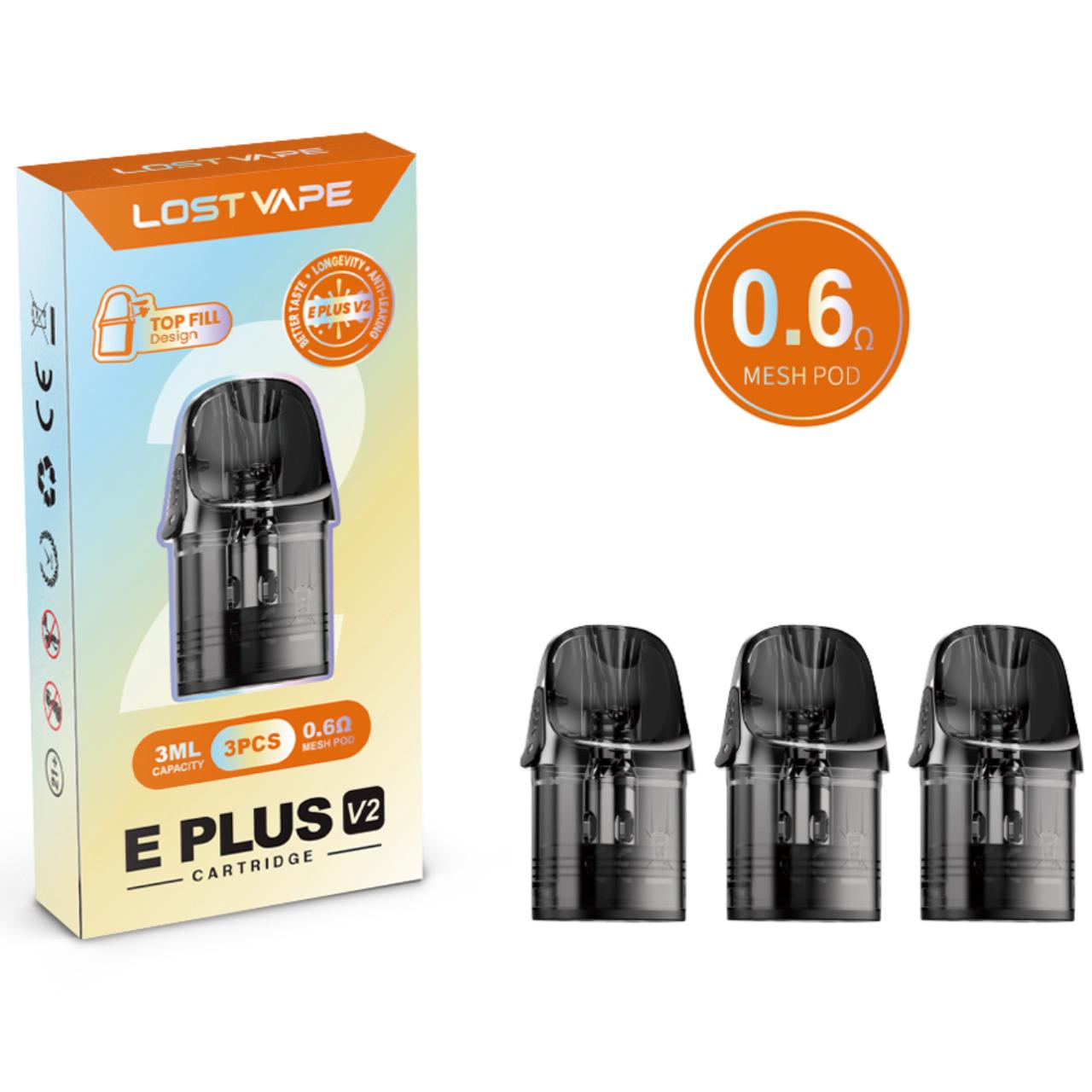 Lost Vape E Plus Replacement Pod V2 - 3PK 0.6 OHMS (3ML - Top Fill) Lost Vape E Plus Replacement Pod V2 - 3PK 0.6 OHMS (3ML - Top Fill)